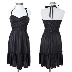 Vintage BETSEY JOHNSON Black Shirred Sweetheart Halter Midi Dress Small Pinup